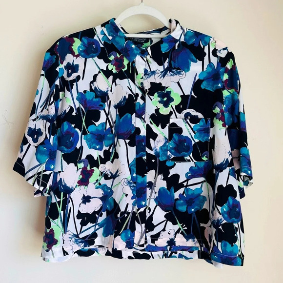 Topshop Crop Floral Print Shirt - Size 12 - Picture 1 of 14